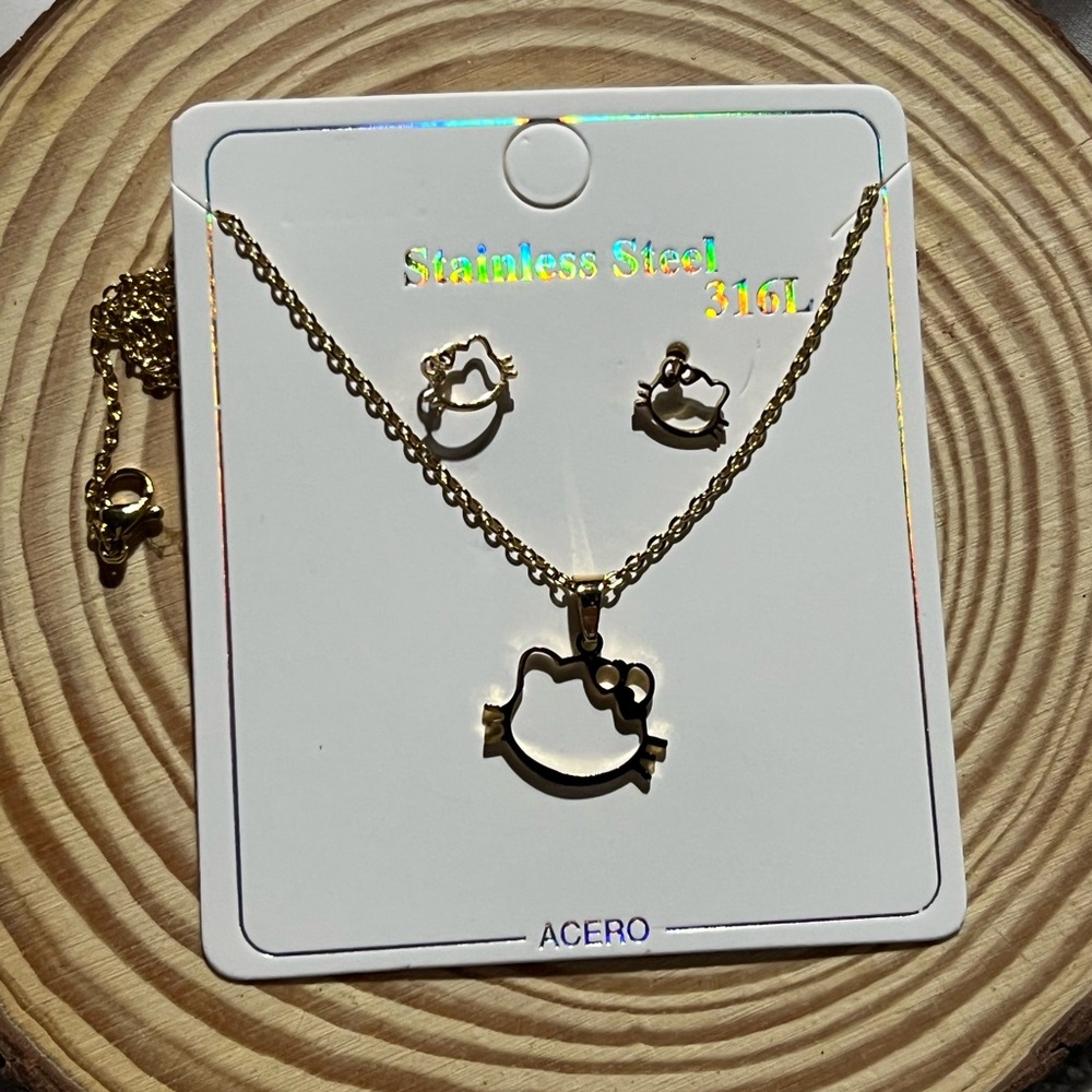 Gold Stainless Steel Hello Kitty Necklace and Earrings Set